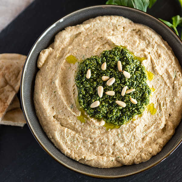Recipe for Homemade Hummus with Fresh Pesto