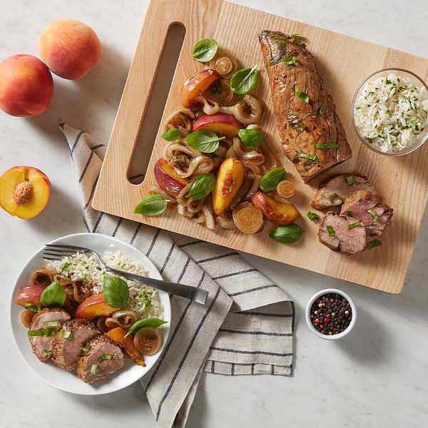 Recipe for Marinated Pork Tenderloin with Peaches, Onions, and Basil 