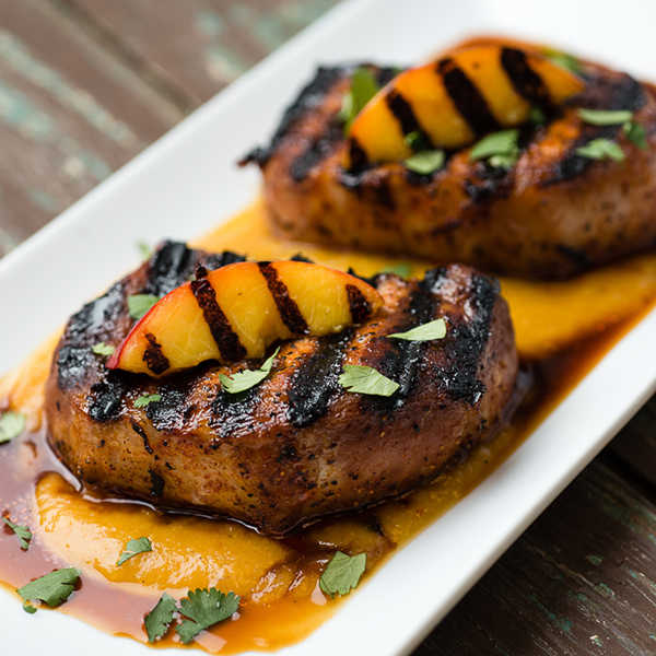 Recipe for Smoky Grilled Pork Chops with Curried Ginger Nectarine Sauce
