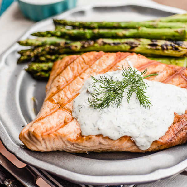 Recipe for Grilled Salmon with Yogurt Lemon Caper Sauce
