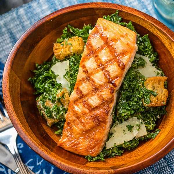 Recipe for Kale Caesar Salad with Grilled Salmon