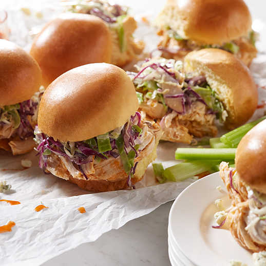 Recipe for Slow Cooker Buffalo Chicken Sliders with Blue Cheese Slaw