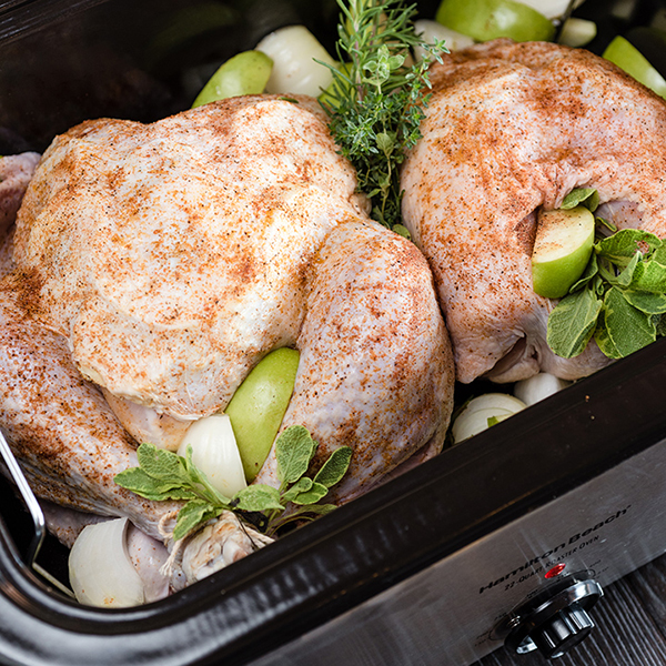 two turkeys in a roaster oven