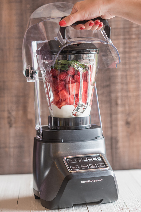 quiet sheild blender with fruit in it