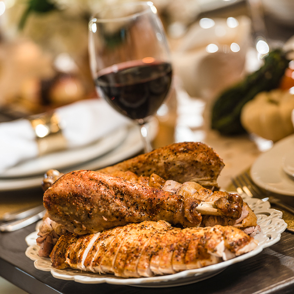 thanksgiving turkey on a seasonally decorated table