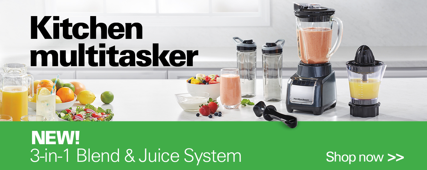 Kitchen multitasker, new 3 in 1 blend and juice system, shop now 