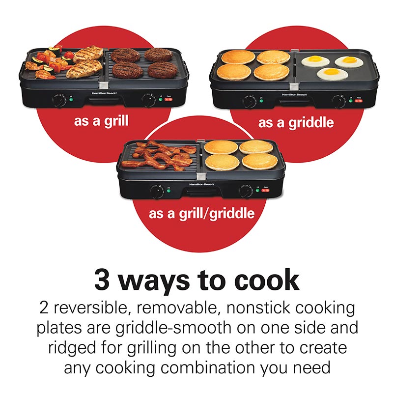 Hamilton Beach 3-in-1 Indoor Grill and Electric Griddle Combo and Bacon  Cooker, Opens 180 Degrees to Double Cooking Space, Removable Nonstick  Grids
