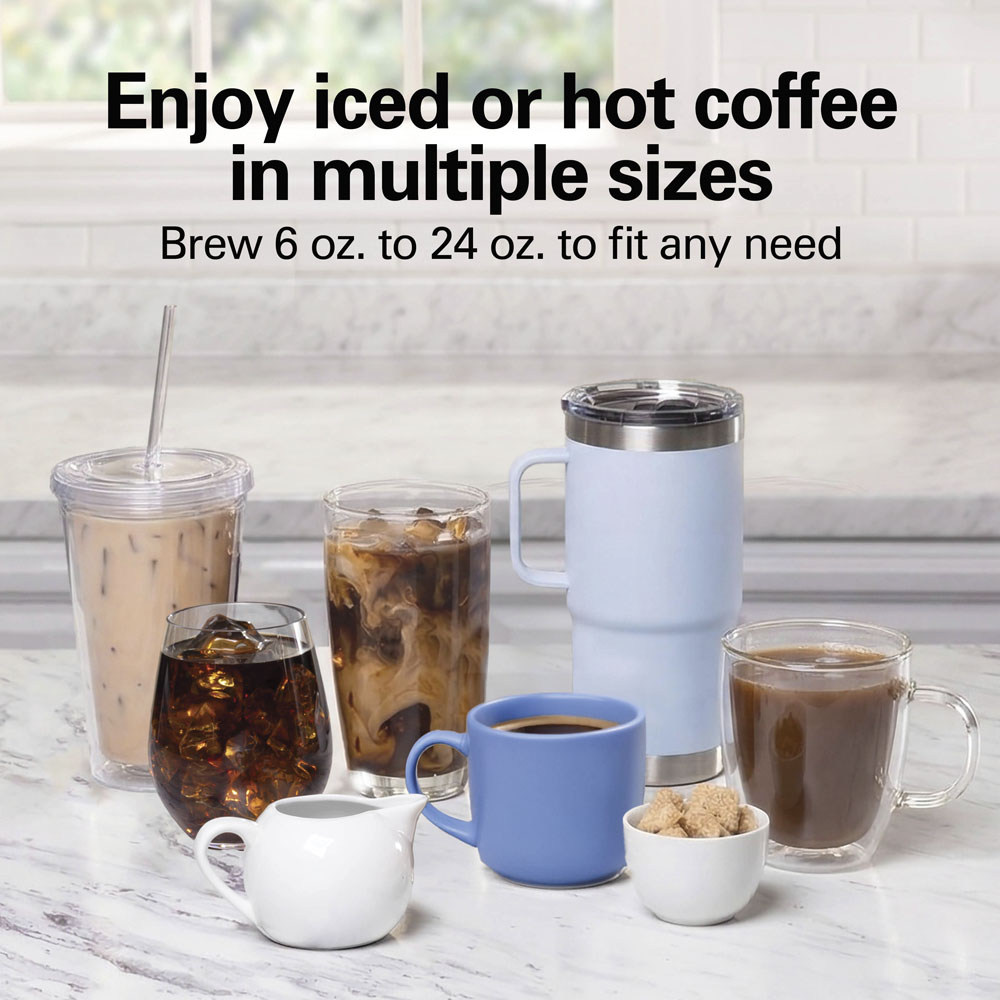 Enjoy iced or hot coffee in multiple sizes, brew 6 to 24 ounces to fit any need