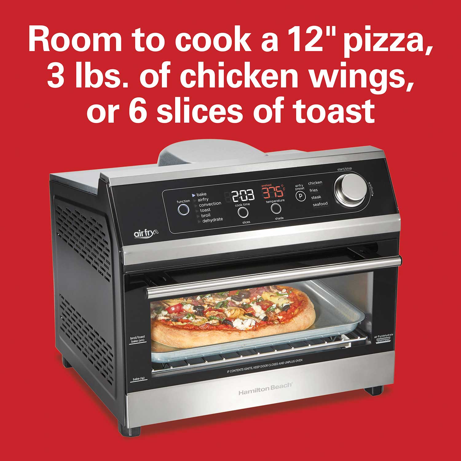 Hamilton Beach Toaster Oven Air Fryer Combo with Large Capacity, Fits 6  Slices or 12” Pizza, 4 Cooking Functions for Convection, Bake, Broil,  Roll-Top