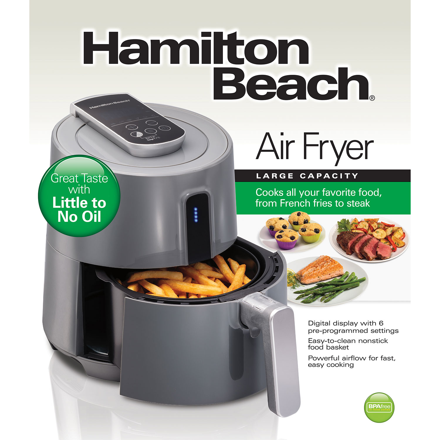 Hamilton Beach Digital Air Fryer, Large 2.5 Liter Capacity, Gray - 35051