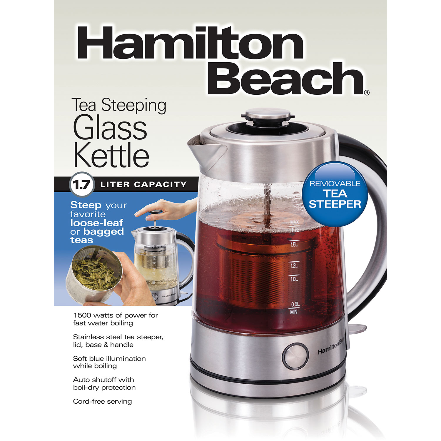 Hamilton Beach 1.7 Liter Electric Glass Kettle with Tea Steeper