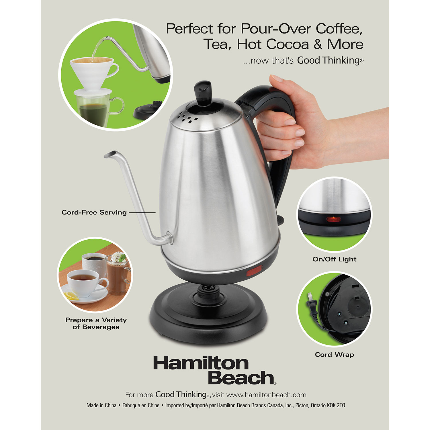 Hamilton Beach Gooseneck Pour Over Electric Tea Kettle, Water Boiler &  Heater, 1.2 L, Cordless, Auto-Shutoff & Boil-Dry Protection, Stainless  Steel