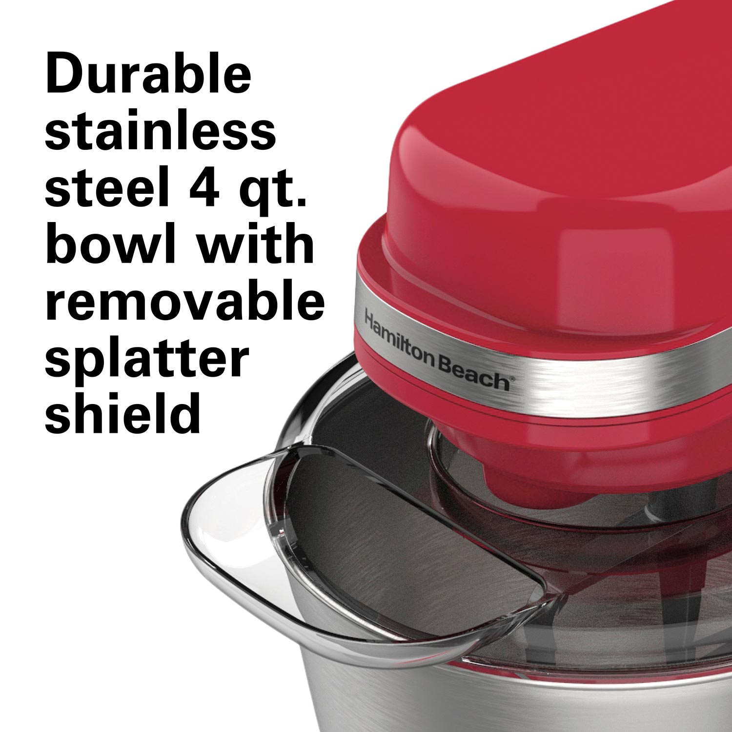 Hamilton Beach Electric Stand Mixer with 4 Quart Stainless Bowl, 7 Speeds,  Whisk, Dough Hook, and Flat Beater Attachments, Splash Guard, 300 Watts,  Red, 63395 