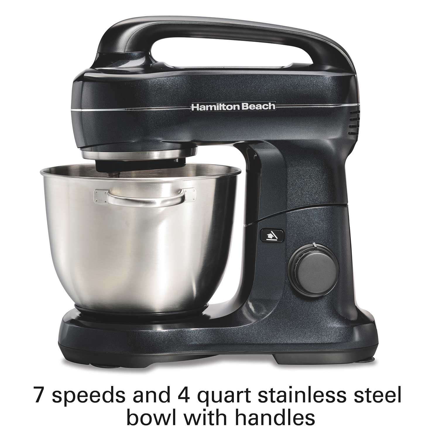 Hamilton Beach Electric Stand Mixer with 4 Quart Stainless Bowl, 7 Speeds,  Whisk, Dough Hook, and Flat Beater Attachments, Splash Guard, 300 Watts,  Blue, 63393 