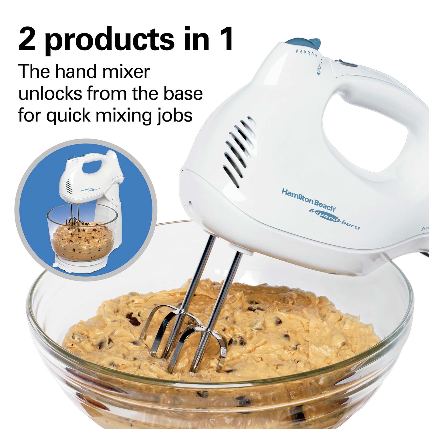 Hamilton Beach Brands Inc. 62695V Hamilton Beach Power Deluxe 6-Speed  Electric Hand Mixer with Snap-On Storage Case, QuickBurst, Beaters, Whisk,  Bowl Rest