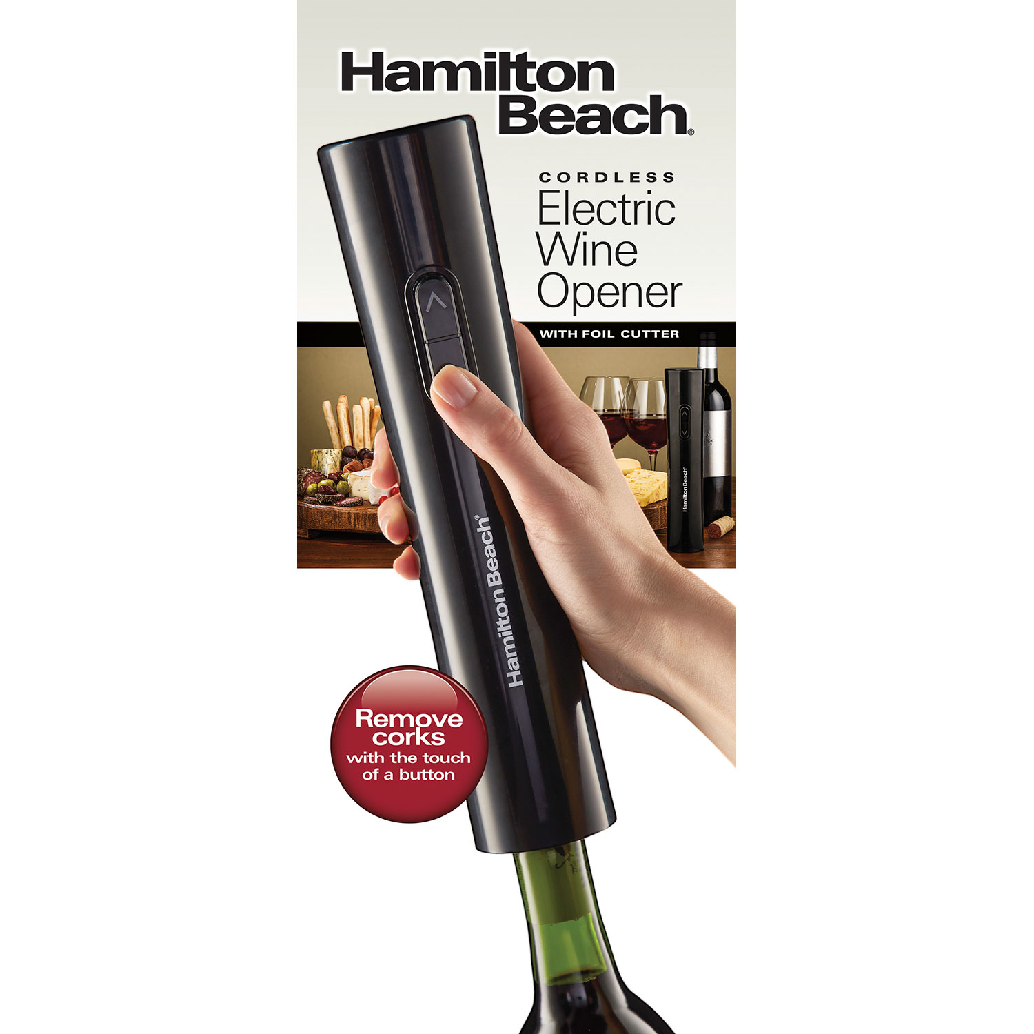 Hamilton Beach 76610 Electric Wine Opener Cordless Foil Cutter Portable Design Black One with Charger