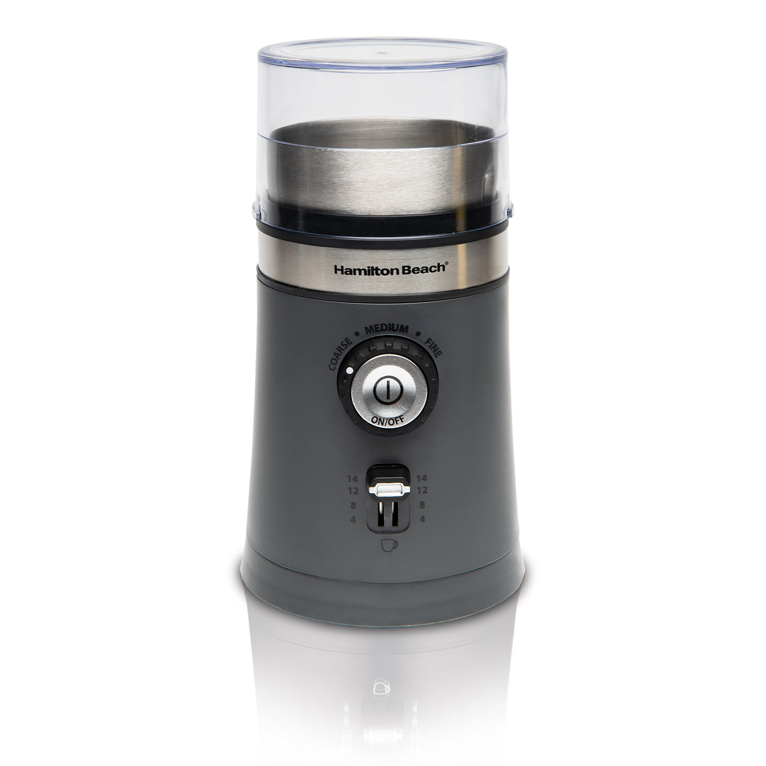 The Custom Grind™ Coffee Grinder features a stainless steel grinding chamber.