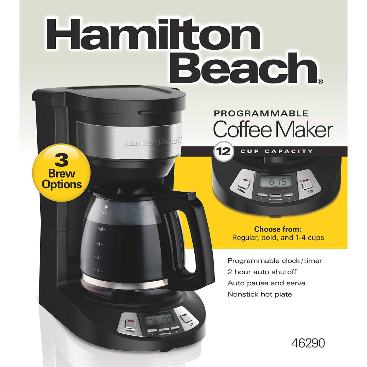 Hamilton Beach Programmable Coffee Maker, 12 Cups, Stainless Steel Accents, 49632, Black