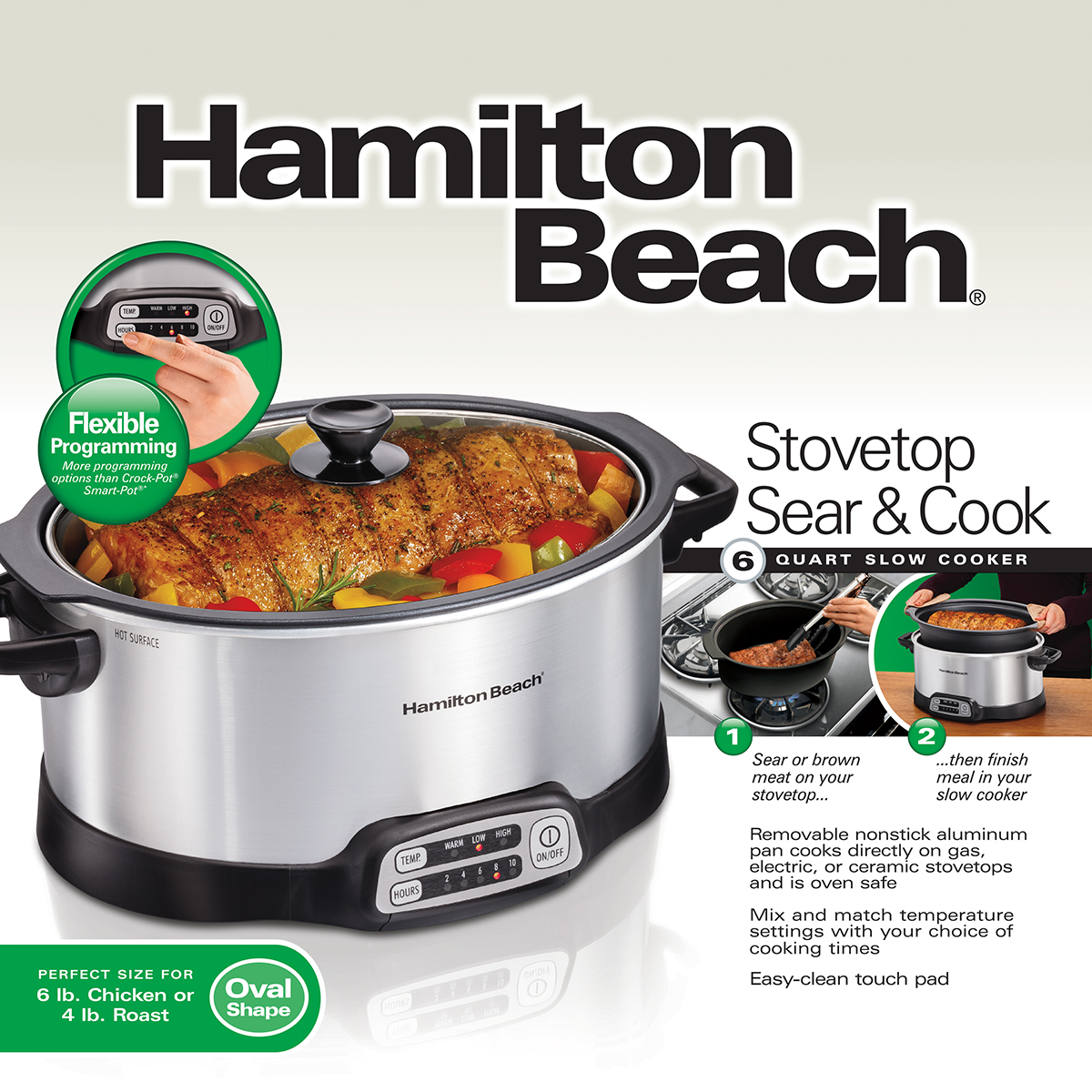 Hamilton Beach Sear & Cook Stock Pot Slow Cooker with Stovetop Safe Crock, Large 10 Quart Capacity, Programmable, Silver (33196)
