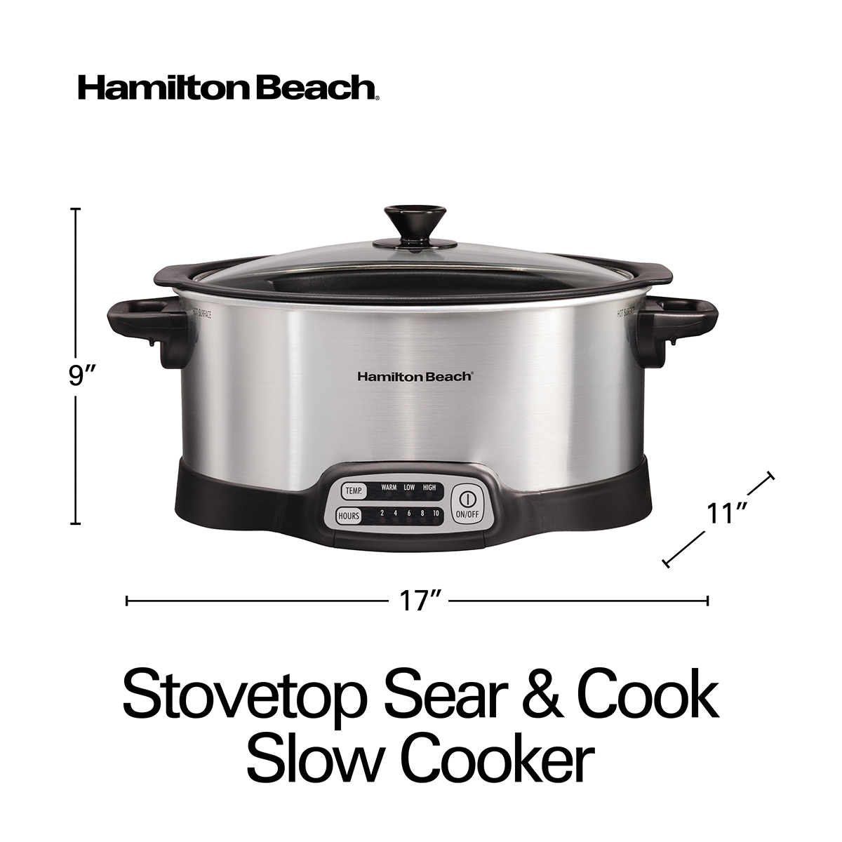 Hamilton Beach Stovetop Sear & Cook Slow Cooker (33662), 6 Quart Capacity,  Stainless Steel 