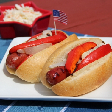 Recipe - Grilled Bratwurst in Beer with Peppers and Onions