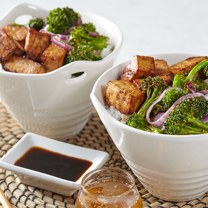 Air Fryer Marinated Tofu with Broccoli and Onions