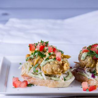 Blog for Fried Oysters with Slaw and Lime Cilantro Avocado Sauce